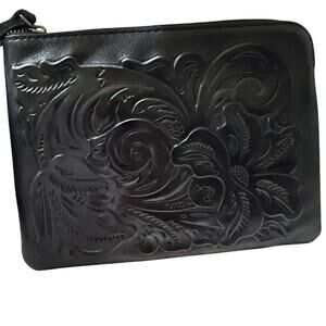 Patricia Nash Black Leather Tooled Wristlet Purse Bag NEW